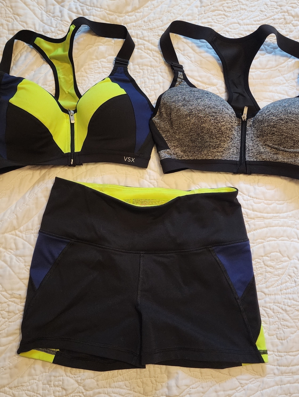VSX Neon Accent Zip-Front 34B Sports Bra & Matching Black Shorts